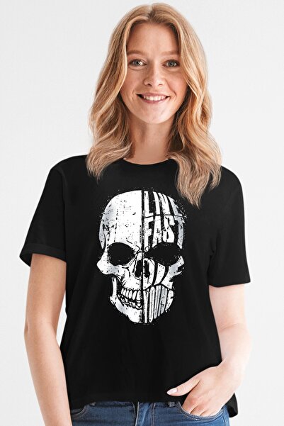 ROCKANDROLL Tricou damă cu mânecă scurtă Live Fast Black