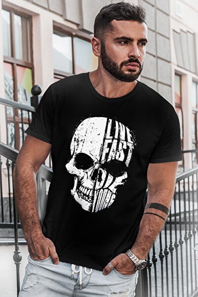 ROCKANDROLL Tricou negru cu mânecă scurtă Longslive pentru bărbați