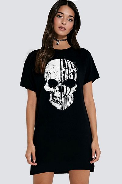 ROCKANDROLL Rochie tricou damă Live Fast, neagră, cu mânecă scurtă din bumbac pieptănat