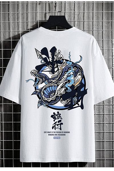 CANDEL Unisex Snake Back Printed Oversize White Tshirt