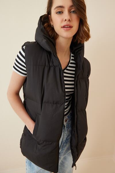 Happiness İstanbul Női fekete kapucnis oversize hosszú puffermellény CI00017