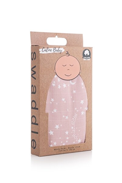 Caline Baby غطاء قماش موسلين نمط نجمة وردي 120×120 سم 4 مناديل مبللة للفم