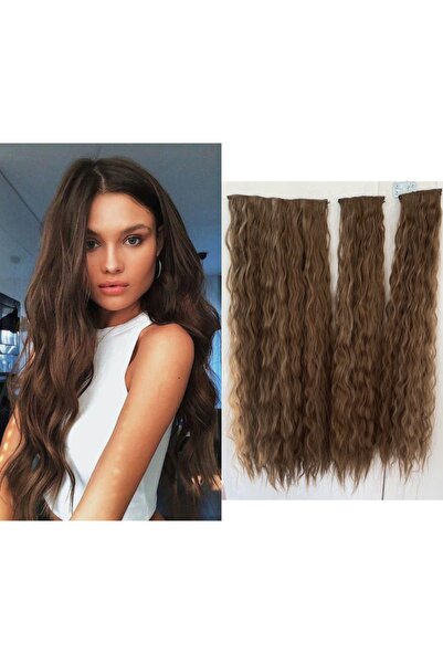 REMY HAİR Kahverengi Afro Dalgalı Uzun Yarım Ay Saç – 3 Parça Çıt Çıt 80cm. 2...