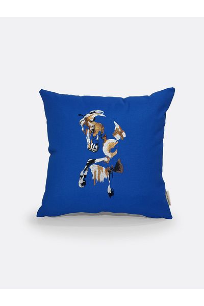 Tanem Home Țesătură de in cu model de cai colorat brodat 42x42 Cm Husă de pernă albastră
