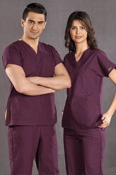 ÇİZGİ MEDİKAL Purple Terry-Cotton Suit Thin Fabric Scrubs Hospital Staff Uniform