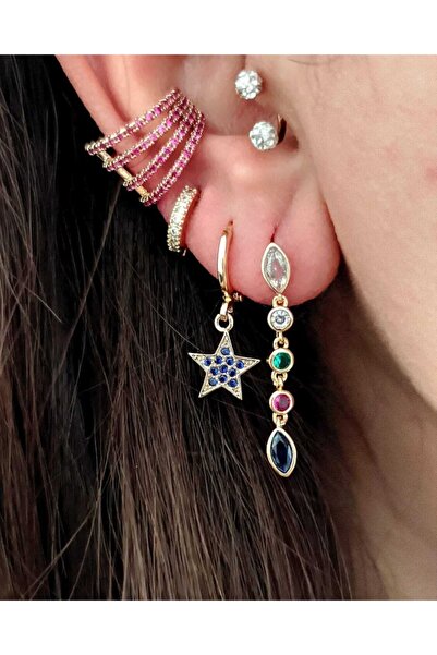 SU PERİSİ TAKI BİJUTERİ Gold Renkli Damla Taş Ve Yıldız 3 Lü Set Küpe