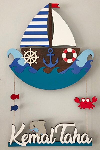 Atölye Selçukum Işıklı Ahşap Bebek Odası Kapı Süsü - Dalgalı Gemi