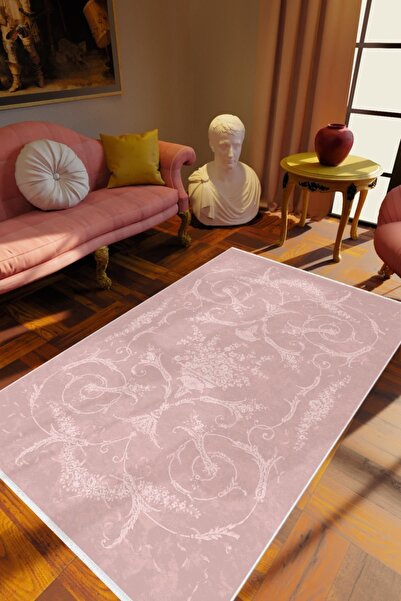 10 Post Online Salon Halısı Klasik Pembe Kaydırmaz Kesme Yıkanabilir Ince Halı Tüysüz Kilim