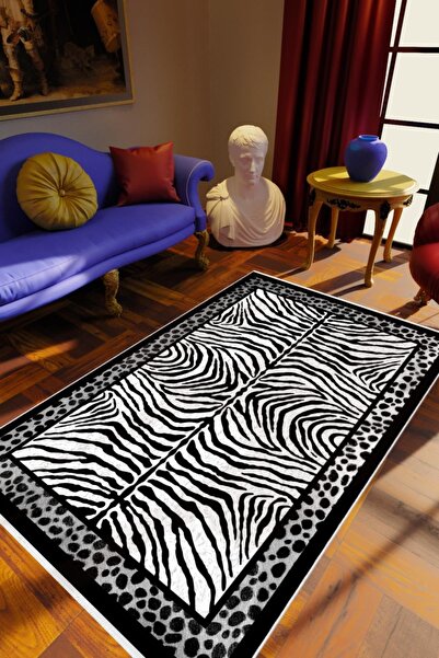10 Post Online Salon Halısı Klasik Eskitme Zebra Gri Siyah Beyaz Kaydırmaz Ke...