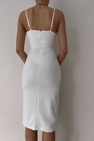 bayansepeti Біла сукня з наповненими грудьми, тонкі бретелі, розріз, середньої довжини, біла сукня для заручин 129