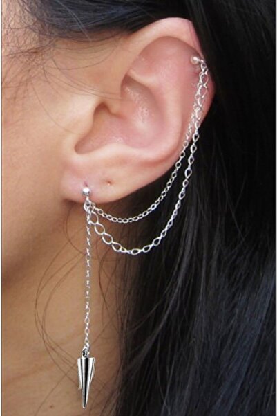 TakıConcept Mızrak Sallantılı Zincirli Çelik Kıkırdak Küpe