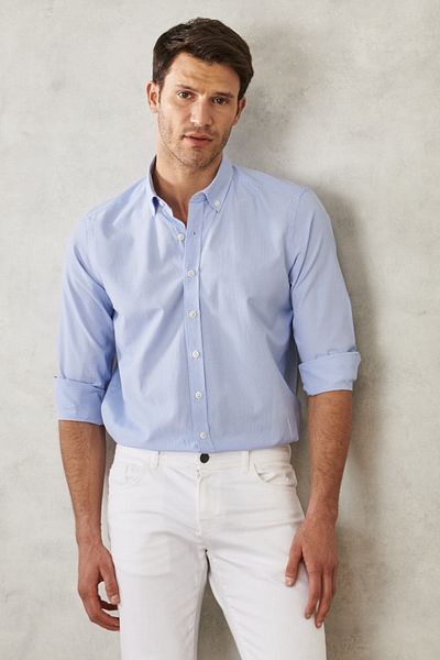 AC&Co / Altınyıldız Classics Cămașă pentru bărbați, albastră, slim fit, cu guler Oxford, cu nasturi, din bumbac