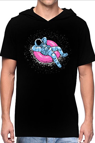 ROCKANDROLL Havuzda Astronot Siyah Kapüşonlu Kısa Kollu Erkek T-shirt