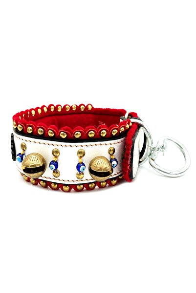 Tasma Market White Leather Felted Dog Collar with 4 Bells