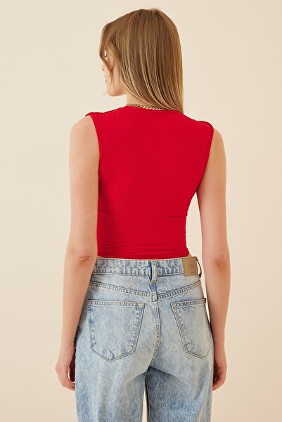 Happiness İstanbul Női piros, mély V-nyakú, Sandy szövetű kötött blúz BF00039