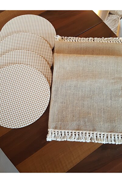 ZEYHOME DESIGN Ucu Püsküllü Çuval Kumaş Runner Ve Bej Krem Amerikan Servis Supla Seti 4 Adet
