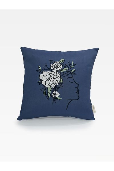 Tanem Home Țesătură de in cu model de față de damă brodat 42x42 cm Husă de pernă albastră