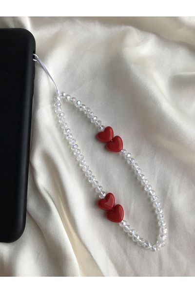 PEONY - peonyofficiall Red Heart And Transparent Bead Phone Charm Phone Strap