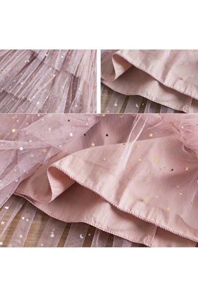 Petityu Tutu Parlak Yildizli Pembe Kiz Cocuk Sirin Kat Kat Elbise - Dogumgunu Elbisesi