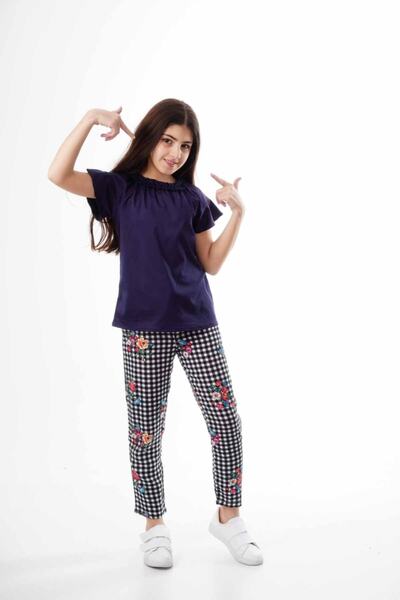 ÖFİ Kids Kız Likralı Poplin Ekose Çiçekli Rahat Beli Lastikli Pantolon