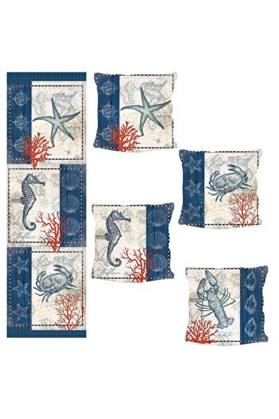 Sister Home Design Set de 4 huse de pernă și covoraș decorativ, albastru mari...