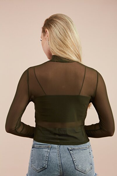 MEECY Women's Khaki High Collar Transparent Tulle Blouse