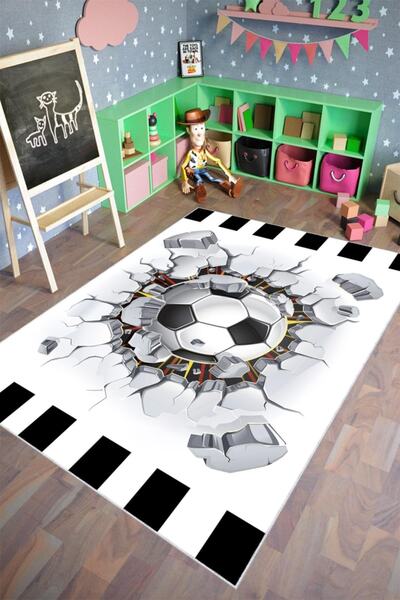 10 Post Online Çocuk Halısı Figürlü Futbol Topu Desenli Gri Beyaz Kaydırmaz K...