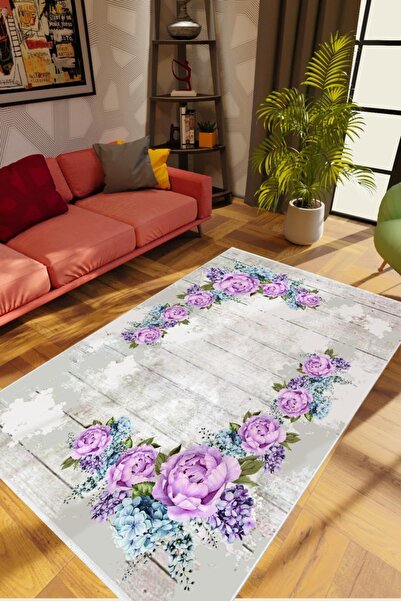 10 Post Online Salon Halısı Figürlü Çiçekli Gri Lila Kaydırmaz Kesme Yıkanabi...