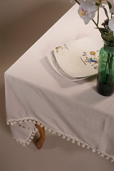 vivamaison Beige Colored Cotton Pompom Tablecloth