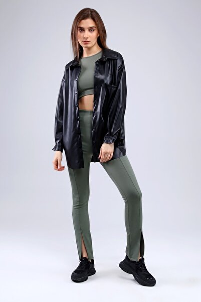 Grenj Fashion Χακί ριμπ μπροστινό σκίσιμο φαρδύ πόδι ψηλόμεσο κολάν