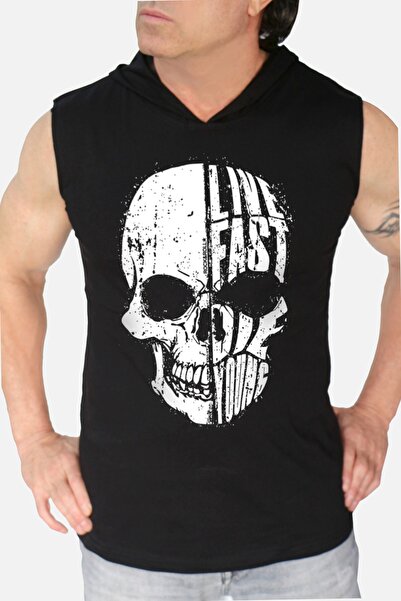 ROCKANDROLL Tricou pentru bărbați fără mâneci Live Fast Black cu glugă