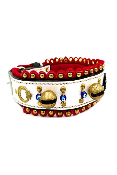 Tasma Market White Leather Felted Dog Collar with 4 Bells