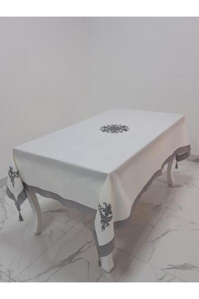 Finezza Irem Gri Nakışlı Keten Kumaş Krem Masa Örtüsü 160*220 Cm - 989