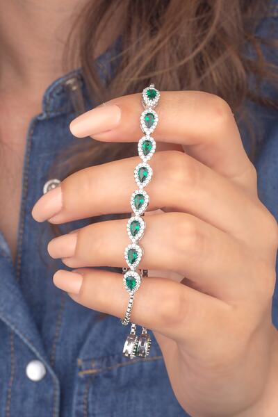 Miavi Silver 925 Ayar Gümüş Damla Zümrüt Taşlı Asansörlü Bileklik
