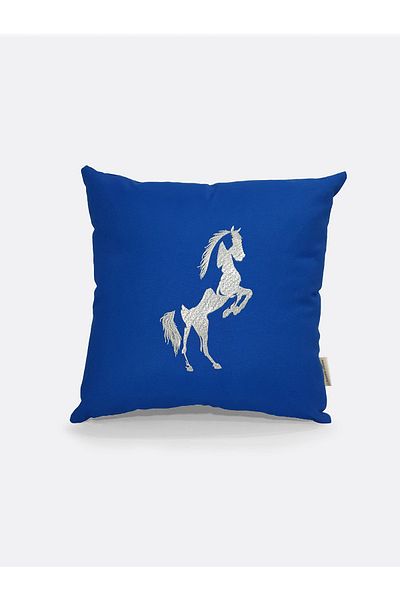 Tanem Home Țesătură de in cu model de cal brodat 42x42 Cm Husă de pernă Albastru