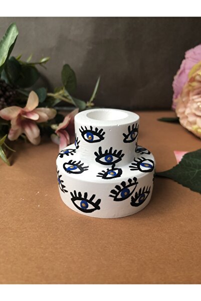Elif Design Beyaz Üstü Göz Desenli Şamdan Beton Şamdan / Evil Eye