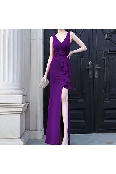 Secret Passion Lingerie Purple Flexible Fabric U-Neck Evening Dress and Graduation Dress with Flounce Waist Detail Slit 582054 676