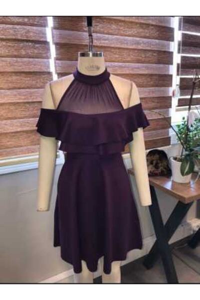 Secret Passion Lingerie Purple Flexible Crepe Fabric Flounce Tulle Neck Detailed Mini Dress Evening Dress 58838 669