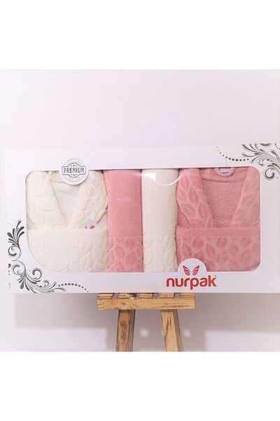 Nurpak Σετ οικογενειακό μπουρνούζι Hazal Jacquard Partial Velvet 8 Piece