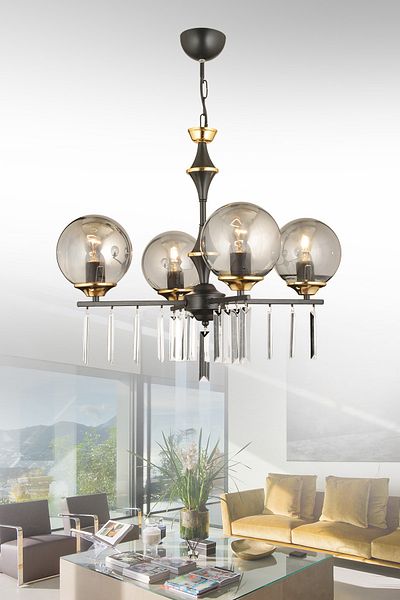 SONSUZ AYDINLATMA&AVİZE Mevlana Black 5-Piece Smoked Glass Luxury Upward Facing Crystal Stone Chandelier