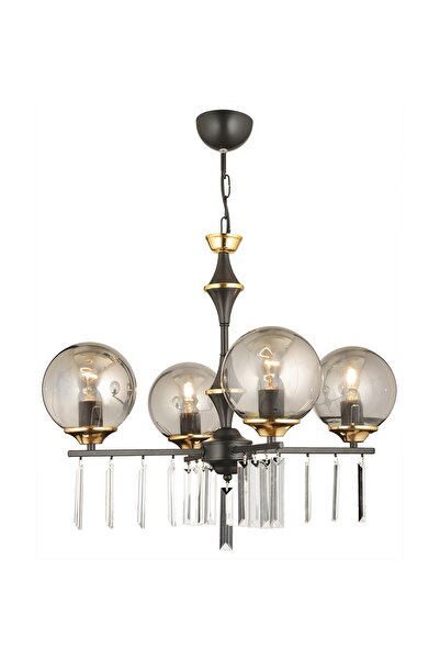 Genel Markalar Mevlana Siyah 5'li Füme Glop Camlı Lüks Yukarı Bakan Kristal Taşlı Avize