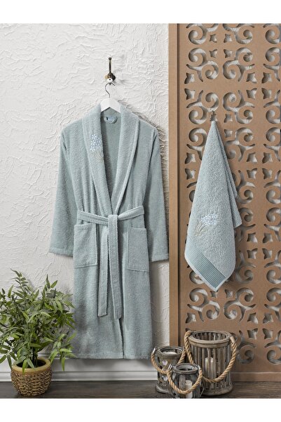 B2B Plus Embroidered Cotton 2 Piece Bathrobe Set | Mint Green