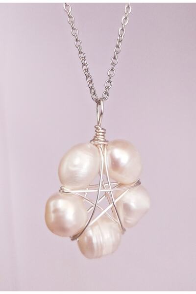 Mıçı takı silver Pearl Necklace with Natural Stone Protection Symbol Handmade...