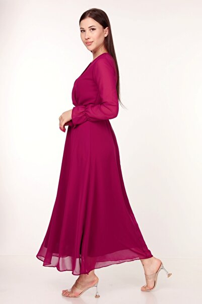 Neşeli Butik Kadın Kruvaze Yaka Bağlama Detaylı Yeni Sezon Uzun Şifon Elbise Kts003