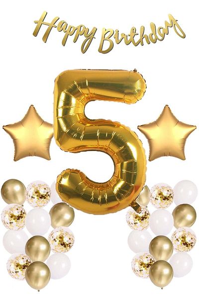 Patladı Gitti Gold Concept 5 Years Birthday Celebration Set; White Gold Confetti Balloon, Number Star Foil and Banner