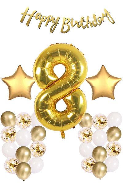 Patladı Gitti Gold Concept 8 Years Birthday Celebration Set; White Gold Confetti Balloon, Number Star Foil and Banner