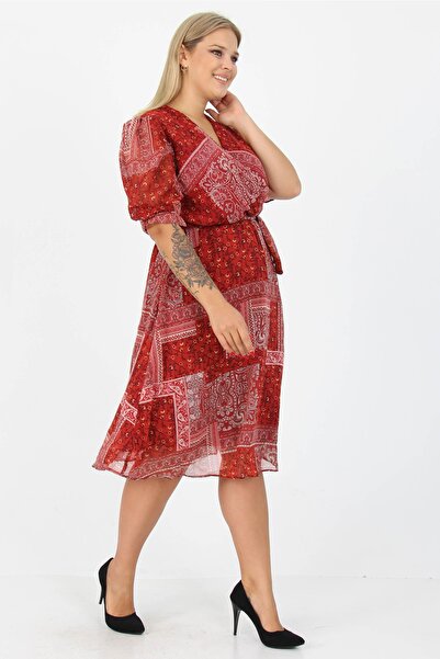 Neşeli Butik Women's Double Breasted Collar Midi Length Plus Size Ethnic Patterned Chiffon Dress Nb80623