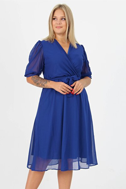 Neşeli Butik Γυναικείο φόρεμα σιφόν με διπλό γιακά Midi μεγάλο μέγεθος Nb8062