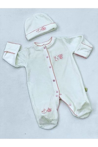 Eda Baby Albert Rabbit Embroidered Booties Hat and Gloves Velvet Jumpsuit