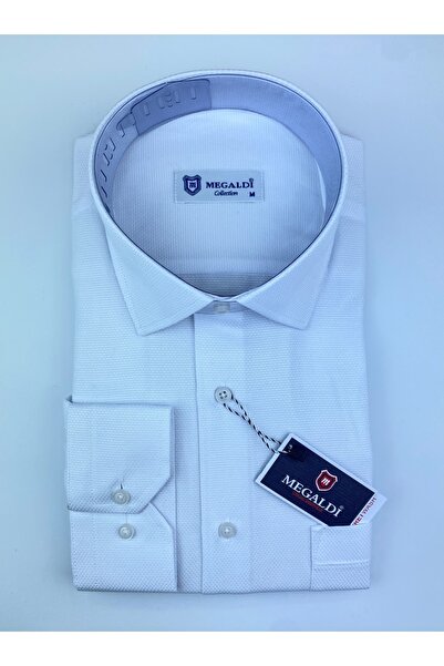MEGALDİ Erkek Armürlü Beyaz Klasik Kesim Gömlek